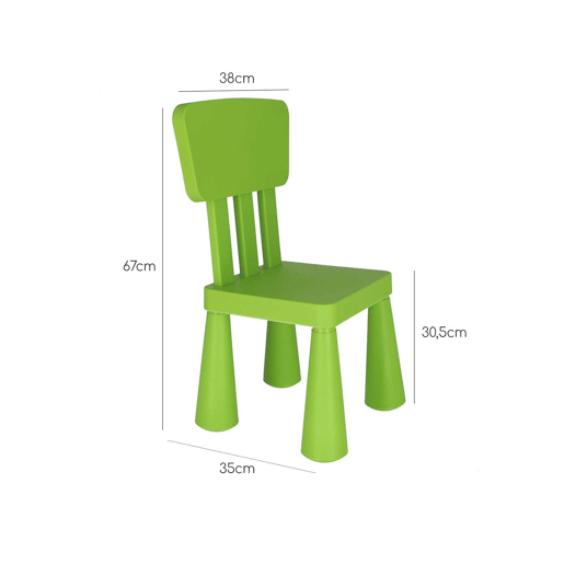 Cadeira de criança verde, de plástico forte e resistente, C:38 cm x F:35 cm x A:67 cm