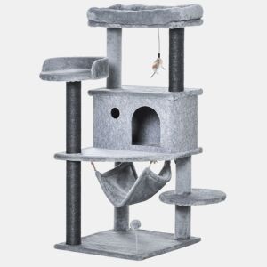 PawHut Árvore Arranhadora para Gatos 48x48x107cm com Caverna de Feltro Desmontável Rede Camas de Felpa Múltiplas Plataformas Poste Arranhador de Sisal e Brinquedos Cinza