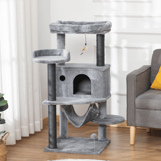 PawHut Árvore Arranhadora para Gatos 48x48x107cm com Caverna de Feltro Desmontável Rede Camas de Felpa Múltiplas Plataformas Poste Arranhador de Sisal e Brinquedos Cinza PawHut Árvore Arranhadora para Gatos 48x48x107cm com Caverna de Feltro Desmontável Rede Camas de Felpa Múltiplas Plataformas Poste Arranhador de Sisal e Brinquedos Cinza