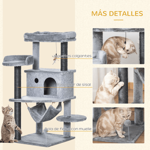 PawHut Árvore Arranhadora para Gatos 48x48x107cm com Caverna de Feltro Desmontável Rede Camas de Felpa Múltiplas Plataformas Poste Arranhador de Sisal e Brinquedos Cinza PawHut Árvore Arranhadora para Gatos 48x48x107cm com Caverna de Feltro Desmontável Rede Camas de Felpa Múltiplas Plataformas Poste Arranhador de Sisal e Brinquedos Cinza