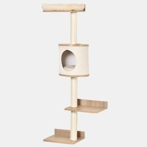 PawHut Árvore para Gatos de Parede com Múltiplas Plataformas Caverna Cama Superior Almofada Removível Postes Arranhadores de Sisal Torre para Escalar 38x30x149cm Bege e Carvalho