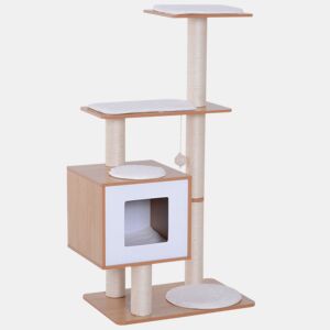 PawHut Árvore Arranhadora para Gatos de Madeira 71,5x49,5x120cm Torre para Gatos com Caverna Plataformas Postes Arranhadores de Sisal Almofadas de Pelúcia Suave e Bolas Suspensas Natural