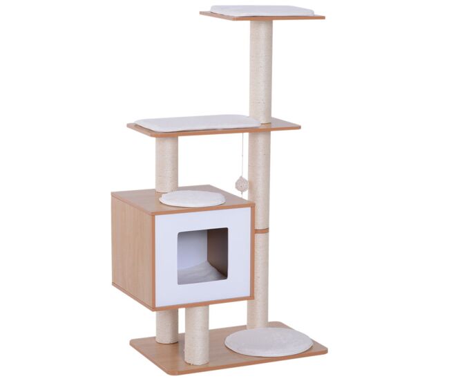 Pawhut árbol rascador para gatos de madera 71,5x49,5x120 cm torre de gato con cueva plataformas postes rascadores de sisal cojines de felpa suave y