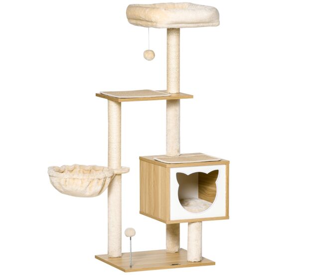 Pawhut árbol rascador para gatos, árbol para gatos 126 cm, torre escalador con plataformas, hamaca, cueva, cama, postes de sisal, bolas y cojines lavables, beige