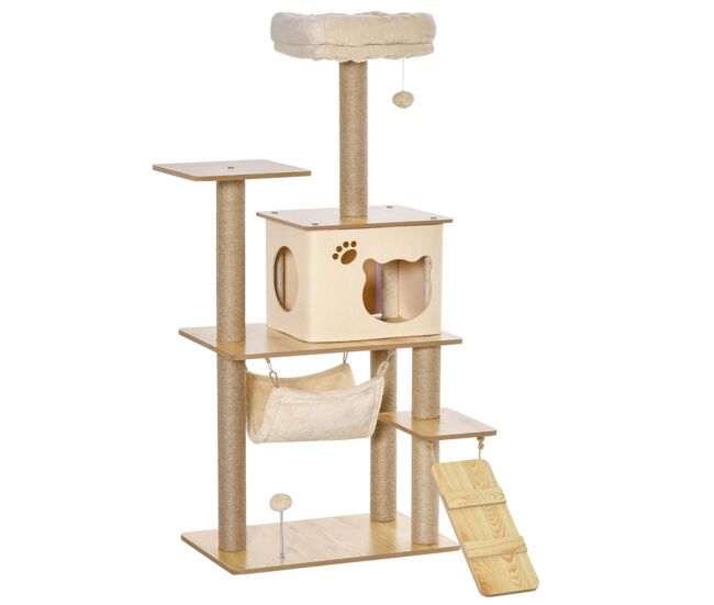 Pawhut árbol rascador para gatos 130 cm, árbol para gatos con 5 plataformas, hamaca, escalera, cueva, postes de yute, bola colgante, beige