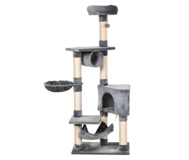 Pawhut árbol rascador para gatos 154 cm de altura torre para gatos con plataformas túnel hamaca y postes de rascado de sisal 60x40x154 cm gris
