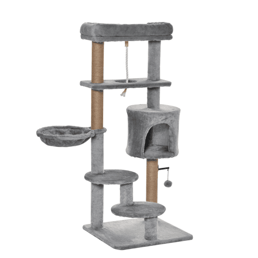 PawHut Arranhador para Gatos Altura 120 cm Torre para Gatos com Plataforma Caverna Rede Postes de Juta Corda e Bola Suspensa 48x48x120 cm Cinza