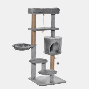 PawHut Arranhador para Gatos Altura 120 cm Torre para Gatos com Plataforma Caverna Rede Postes de Juta Corda e Bola Suspensa 48x48x120 cm Cinza