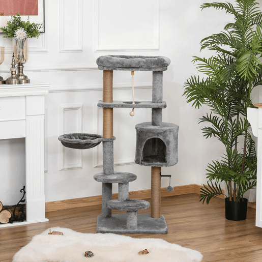 PawHut Arranhador para Gatos Altura 120 cm Torre para Gatos com Plataforma Caverna Rede Postes de Juta Corda e Bola Suspensa 48x48x120 cm Cinza
