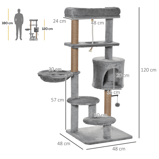 PawHut Arranhador para Gatos Altura 120 cm Torre para Gatos com Plataforma Caverna Rede Postes de Juta Corda e Bola Suspensa 48x48x120 cm Cinza