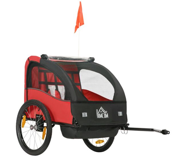 Homcom remolque de bicicleta para niños +18 meses cochecito para transporte de 2 plazas con cinturón de seguridad espacio de almacenamiento y sistema de amortiguador 140x88x90 cm rojo