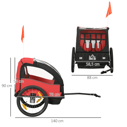 HOMCOM Reboque de Bicicleta para Crianças acima de 18 Meses Reboque de Bicicleta com 2 Lugares com Cinto de Segurança Espaço de Armazenamento e Sistema de Amortecimento 140x88x90 cm Vermelho