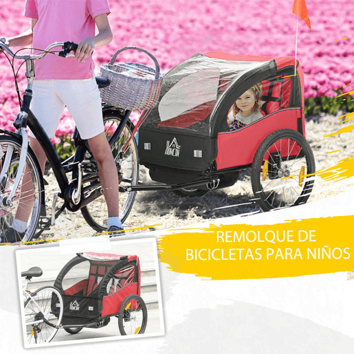 HOMCOM Reboque de Bicicleta para Crianças acima de 18 Meses Reboque de Bicicleta com 2 Lugares com Cinto de Segurança Espaço de Armazenamento e Sistema de Amortecimento 140x88x90 cm Vermelho