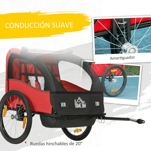 HOMCOM Reboque de Bicicleta para Crianças acima de 18 Meses Reboque de Bicicleta com 2 Lugares com Cinto de Segurança Espaço de Armazenamento e Sistema de Amortecimento 140x88x90 cm Vermelho