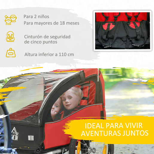 HOMCOM Reboque de Bicicleta para Crianças acima de 18 Meses Reboque de Bicicleta com 2 Lugares com Cinto de Segurança Espaço de Armazenamento e Sistema de Amortecimento 140x88x90 cm Vermelho