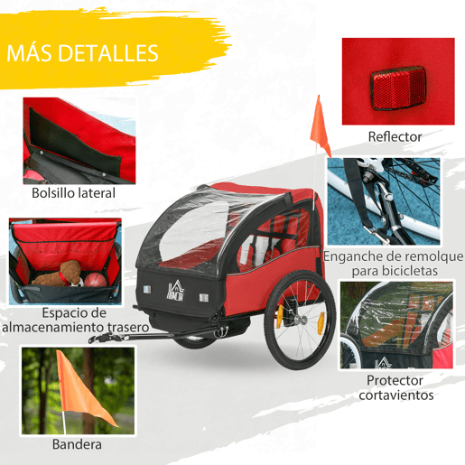 HOMCOM Reboque de Bicicleta para Crianças acima de 18 Meses Reboque de Bicicleta com 2 Lugares com Cinto de Segurança Espaço de Armazenamento e Sistema de Amortecimento 140x88x90 cm Vermelho