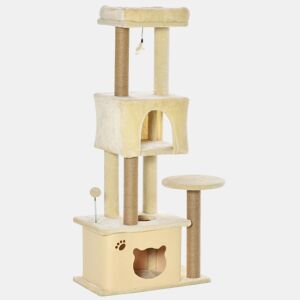 PawHut Árvore Arranhador para Gatos Centro de Atividades com Plataformas Cavernas de Felpa Suave Postes para Arranhar de Juta Bola Brinquedo Suspenso 60x34x136cm Bege