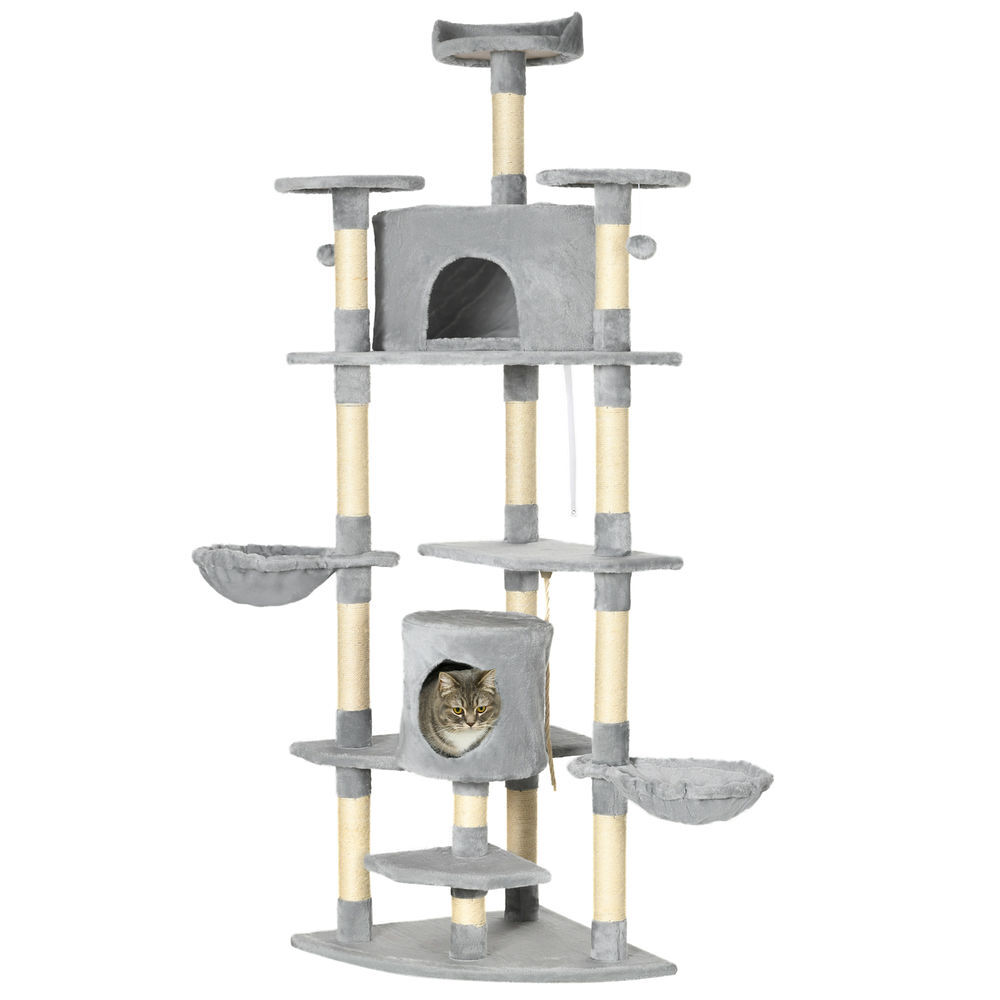 Pawhut árbol rascador para gatos altura 200 cm torre para gatos con 2 cuevas 2 hamacas cama múltiples plataformas postes de sisal y bolas de juguete 60x60x200 cm gris