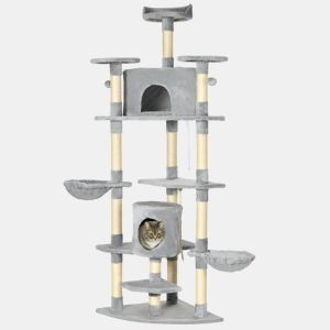 PawHut Árvore Arranhador para Gatos Grande 60x60x200cm com 2 Cavernas 2 Redes Cama Múltiplas Plataformas Postes Arranhadores de Sisal Natural e Bolas de Brinquedo Cinza