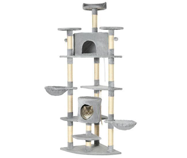 Pawhut árbol rascador para gatos altura 200 cm torre para gatos con 2 cuevas 2 hamacas cama múltiples plataformas postes de sisal y bolas de juguete 60x60x200 cm gris