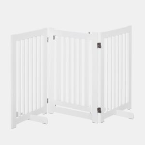 PawHut Barreira para Cães de Madeira Barreira para Animais de Estimação Dobrável de 3 Painéis com 1 Porta e Pés de Apoio para Corredor Escada 155x35,5x76 cm Branco