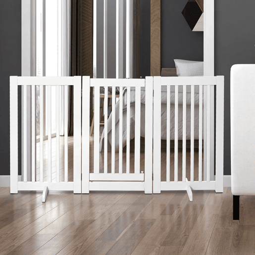 PawHut Barreira para Cães de Madeira Barreira para Animais de Estimação Dobrável de 3 Painéis com 1 Porta e Pés de Apoio para Corredor Escada 155x35,5x76 cm Branco