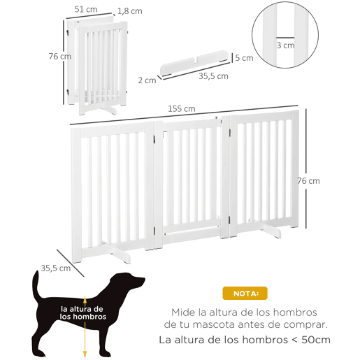 PawHut Barreira para Cães de Madeira Barreira para Animais de Estimação Dobrável de 3 Painéis com 1 Porta e Pés de Apoio para Corredor Escada 155x35,5x76 cm Branco