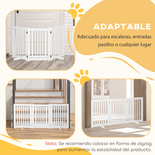 PawHut Barreira para Cães de Madeira Barreira para Animais de Estimação Dobrável de 3 Painéis com 1 Porta e Pés de Apoio para Corredor Escada 155x35,5x76 cm Branco