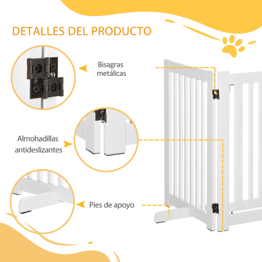 PawHut Barreira para Cães de Madeira Barreira para Animais de Estimação Dobrável de 3 Painéis com 1 Porta e Pés de Apoio para Corredor Escada 155x35,5x76 cm Branco