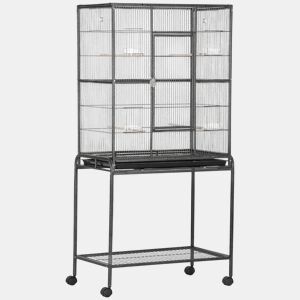 PawHut Gaiola para Pássaros com Rodas 81x48x162,5 cm Gaiola de Metal com Bandeja 4 Poleiros 4 Comedouros e Prateleira de Armazenamento para Canários Periquitos Preto e Cinza