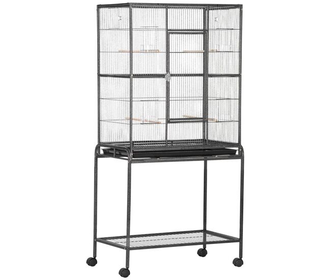 Pawhut jaula para pájaros con ruedas 81x48x162,5 cm pajarera metálico con bandeja 4 perchas 4 comederos y estante de almacenamiento para periquitos