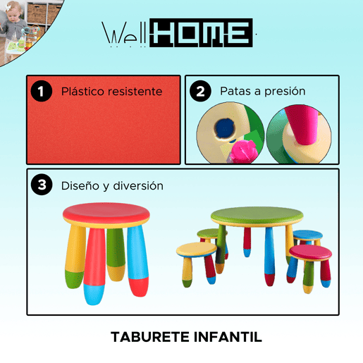 Banco para crianças vermelho, em plástico robusto e resistente, Diâmetro:30 cm x A:26 cm