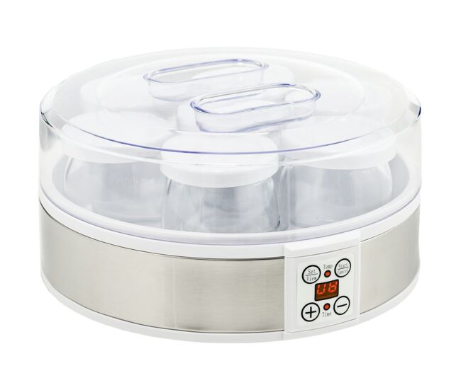 Homcom yogurtera 20w capacidad 1,26l máquina de yogur con 7 tarros de cristal de 180 ml termostato ajustable temporizador de 1-48 horas y pantalla led 24x24x13 cm blanco