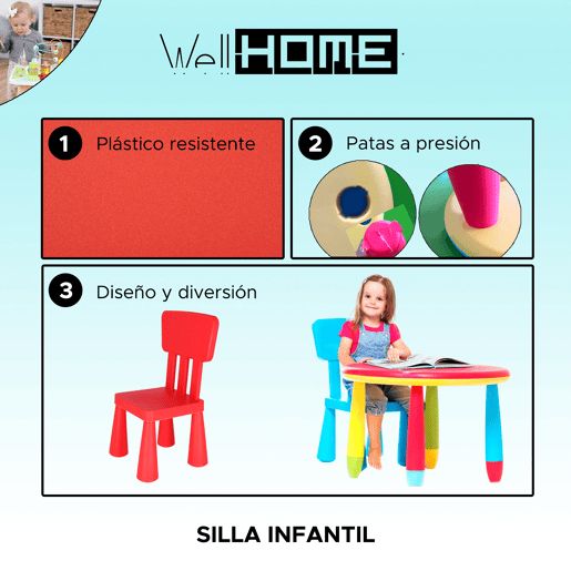 Cadeira de criança vermelha em plástico forte e resistente, C:38 cm x F:35 cm x A:67 cm