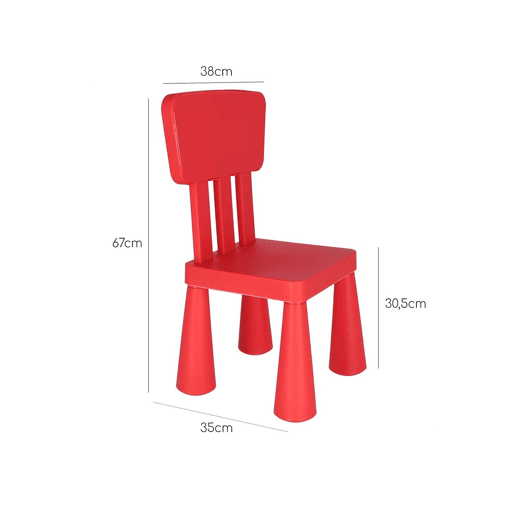 Cadeira de criança vermelha em plástico forte e resistente, C:38 cm x F:35 cm x A:67 cm
