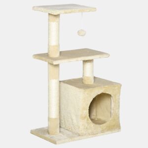 PawHut Arranhador para Gatos 50x30x81,5 cm Centro de Múltiplas Atividades para Gatos com Poste de Sisal Plataformas Caverna e Bola Suspensa Bege
