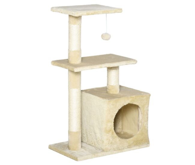 Pawhut árbol rascador para gatos 81,5 cm torre para gatos con postes de sisal 2 plataformas cueva y bola colgante estilo elegante 50x30x81,5 cm beige