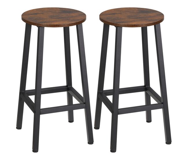 Homcom juego de 2 taburetes altos de cocina altura 65 cm taburetes de bar sillas de bar con patas de acero y reposapiés para salón comedor bar carga 75 kg marrón rústico y negro