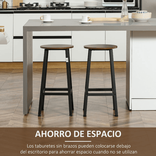 HOMCOM Conjunto de 2 Bancos Altos de Cozinha Bancos de Bar com Pés de Aço e Apoio para os Pés para Sala de Estar Sala de Jantar Carga 75kg 32,5x32,5x65 cm Madeira e Preto