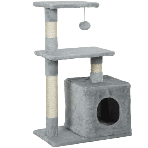 PawHut Arranhador para Gatos 50x30x81,5 cm Centro de Múltiplas Atividades para Gatos com Poste de Sisal Plataformas Caverna e Bola Suspensa Cinza