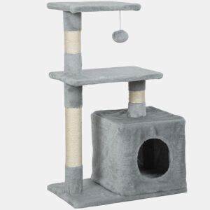 PawHut Arranhador para Gatos 50x30x81,5 cm Centro de Múltiplas Atividades para Gatos com Poste de Sisal Plataformas Caverna e Bola Suspensa Cinza