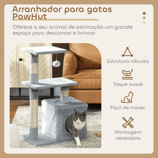 PawHut Arranhador para Gatos 50x30x81,5 cm Centro de Múltiplas Atividades para Gatos com Poste de Sisal Plataformas Caverna e Bola Suspensa Cinza