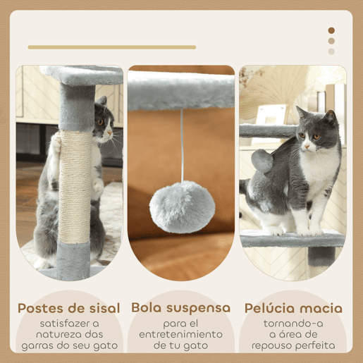 PawHut Arranhador para Gatos 50x30x81,5 cm Centro de Múltiplas Atividades para Gatos com Poste de Sisal Plataformas Caverna e Bola Suspensa Cinza