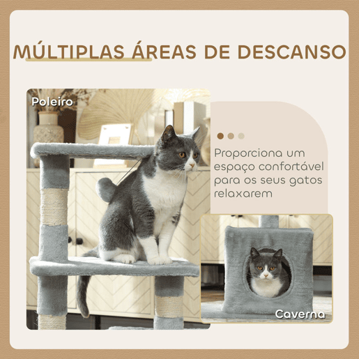 PawHut Arranhador para Gatos 50x30x81,5 cm Centro de Múltiplas Atividades para Gatos com Poste de Sisal Plataformas Caverna e Bola Suspensa Cinza