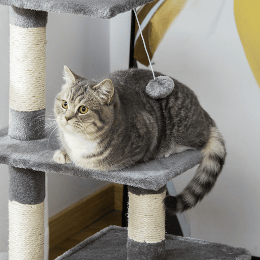 PawHut Arranhador para Gatos 50x30x81,5 cm Centro de Múltiplas Atividades para Gatos com Poste de Sisal Plataformas Caverna e Bola Suspensa Cinza