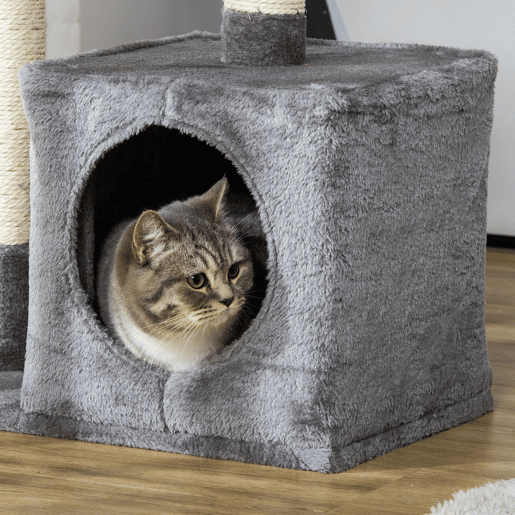 PawHut Arranhador para Gatos 50x30x81,5 cm Centro de Múltiplas Atividades para Gatos com Poste de Sisal Plataformas Caverna e Bola Suspensa Cinza