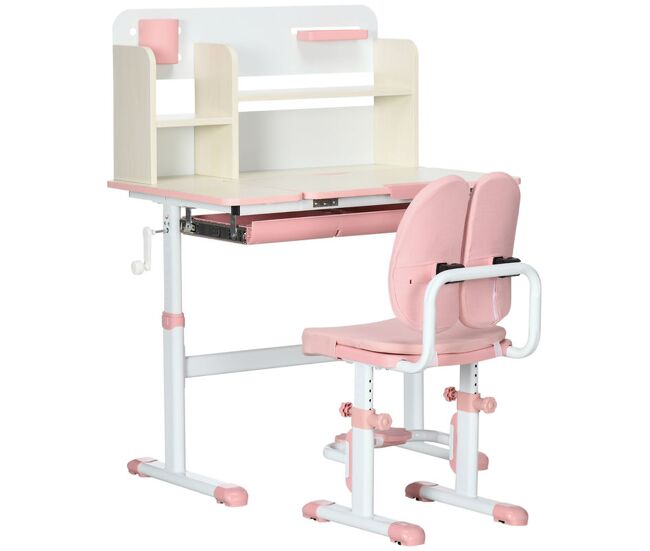 Homcom juego de escritorio y silla para niños de +3 años pupitre infantil altura ajustable con 1 cajón 1 estante para libros y tablero de mesa inclinable 80x52x88-109 cm rosa y blanco