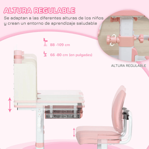 HOMCOM Conjunto de Secretária e Cadeira para Crianças acima de 3 Anos com Altura Ajustável Gaveta Prateleiras e Bancada Inclinável 80x52x88-109 cm Rosa e Branco