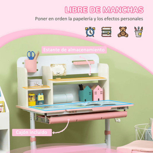 HOMCOM Conjunto de Secretária e Cadeira para Crianças acima de 3 Anos com Altura Ajustável Gaveta Prateleiras e Bancada Inclinável 80x52x88-109 cm Rosa e Branco