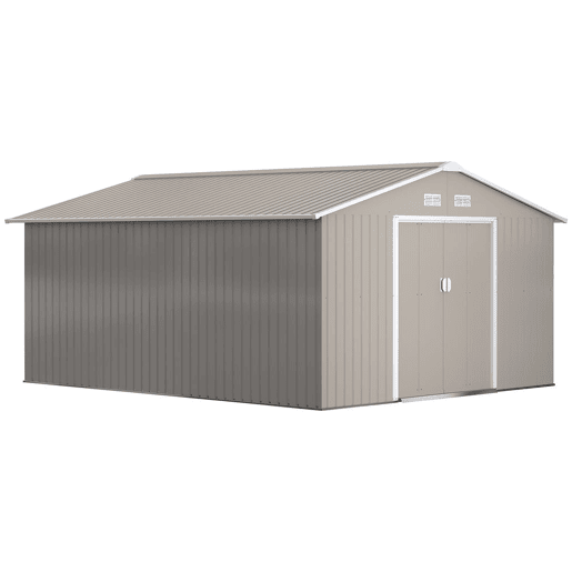 Outsunny Casota de Jardim Exterior, 12,4 m² 340x386x200 cm Abrigo de Jardim Metálico com Portas Duplas com Fechadura, Kit de Fundação e Ventilação para Armazenamento de Bicicletas Cinzento Claro